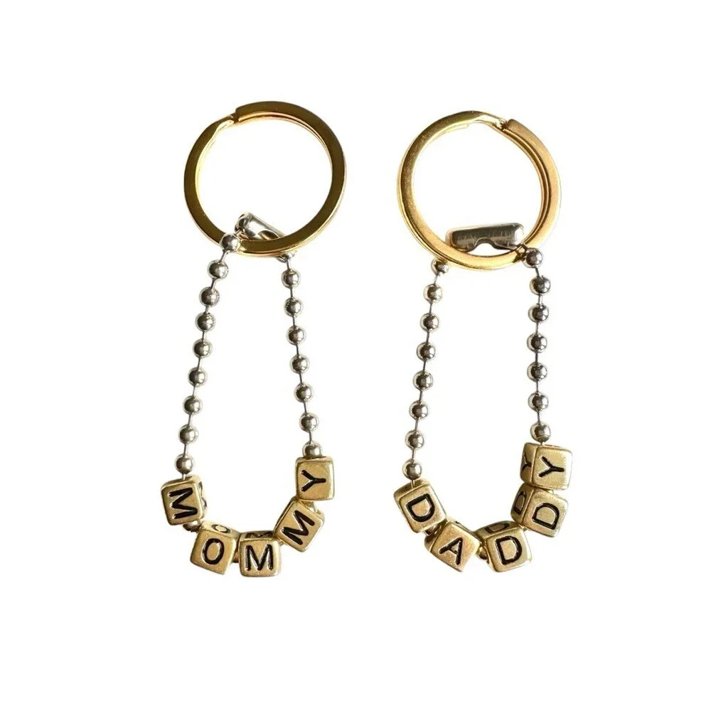 Gold Block Letter Keychain Set of 2 for 'MOMMY' and 'DADDY' Beaded Handmade